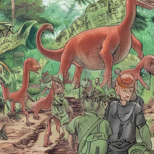 Image similar to Multiple dinosaur families walking through the ancient prehistoric terrain in the lush evergrowing overgrown humid brush detailed high quality cartoon drawing for a teenage horror movie.