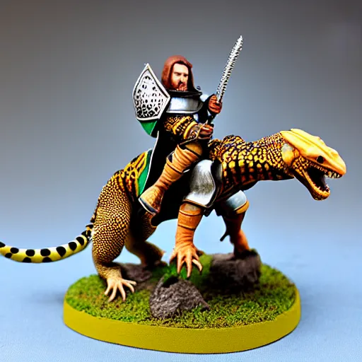 Image similar to A medieval knight riding on a giant leopard gecko, highly detailed, fantasy, painted wargaming miniature