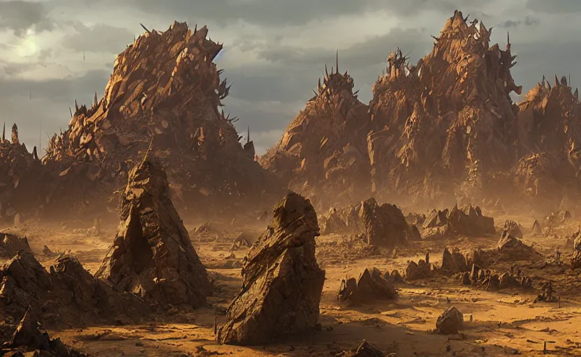 Image similar to flat wastelands, giant rock spikes, greg rutkowski, brom, james gurney, mignola, craig mullins, alan lee