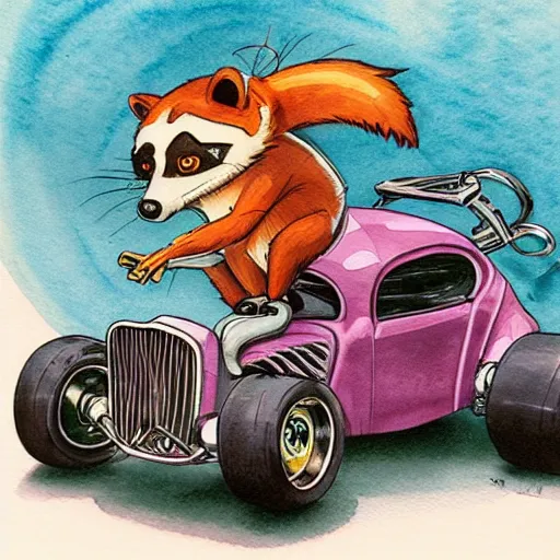 Prompt: racoon riding in a tiny hot rod coupe with oversized engine, ratfink style by ed roth, centered award winning watercolor pen illustration, by chihiro iwasaki, edited by range murata