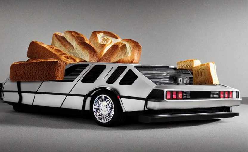 Image similar to a time-traveling delorean styled toaster with toast, bread inserted into slot, professional product shot, magazine ad