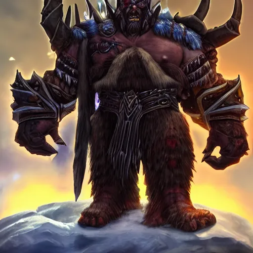 Image similar to epic world of warcraft orc warrior chief thrall standing in front of a gigantic throne made of dark ice with a dark sky above made of a dark hurricane spiral, extremely detailed, wow, cinematic