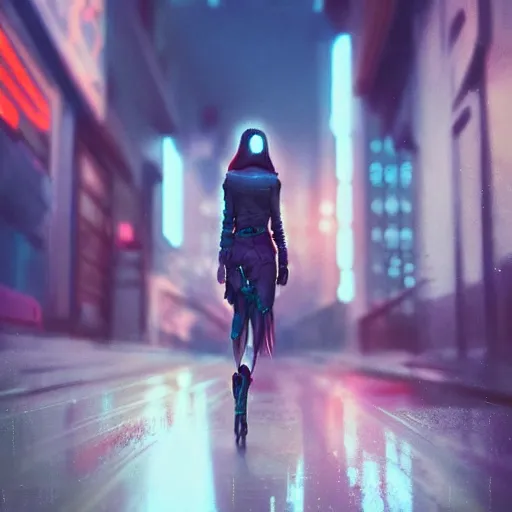 Prompt: a beautiful picture of a girl walking in a cyberpunk street by aurahack and greg rutkowski, low angle shot, cinematic, colorful, trending on artstation