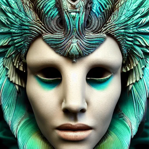 Prompt: 3 d close - up goddess face portrait with ivory mask water waves monster fish human bones, beautiful detailed phoenix greek theatre mask, feathers, highly detailed. iridescent accents. by wlop, tooth wu, greg rutkowski, alena aenami, beeple, octane render, ultra realistic. high contrast. emerald green white