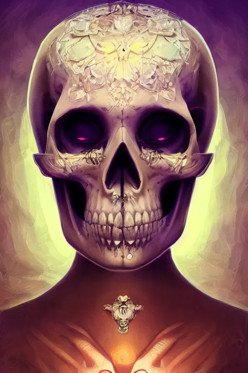 Image similar to portrait of jewel bone-skull oracle physically accurate, moody dynamic lighting, very very intricate, very very elegant, highly detailed, digital painting, artstation, in the style of Rob Lefield and Dan Mumford , trending on artstation, digital art,surrealism ,macro,blueprint ,vaporwave ,