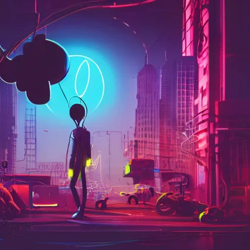 Prompt: people building mickey mouse head, on a scene, cables hanging and a neon logo in the background, beeple daily art, sci fi, cyberpunk