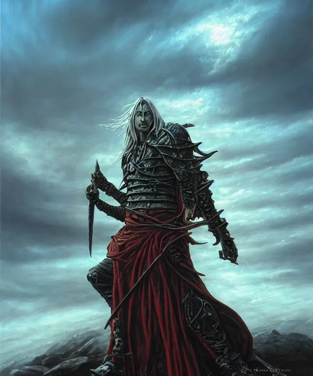 Image similar to elric of melnibone, artwork by michael whelan, full figure, action pose, dramatic lighting, cinematic, hyperrealistic, highly detailed, artstation, fantasy background setting including a city, weird - dreamlike landscape and dramatic sky