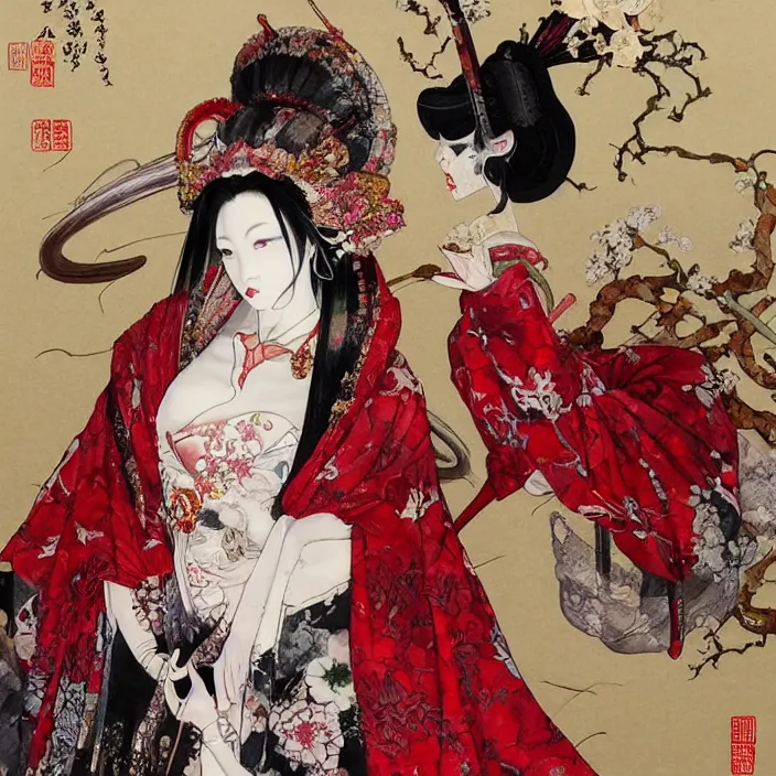 Prompt: watercolor painting of avant - garde portrait of an asian bjd geisha vampire queen with a long neck in a victorian red dress painted by yoshitaka amano, daniel merriam, ayami kojima, intricate detail, artstation, artgerm, in the style of dark - fantasy, rococo, gold leaf art