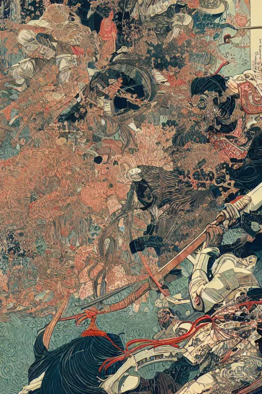 Image similar to hyper detailed illustration of a samurai battle by james jean, yoshitaka amano and victo ngai