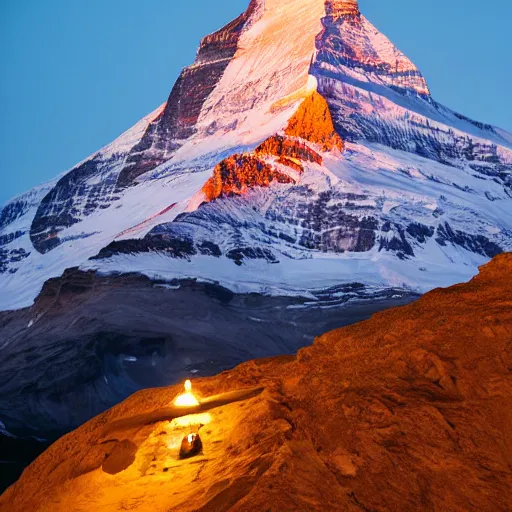 Prompt: indian flag projected illuminated on the matterhorn mountain at night, top is orange, middle white, bottom green