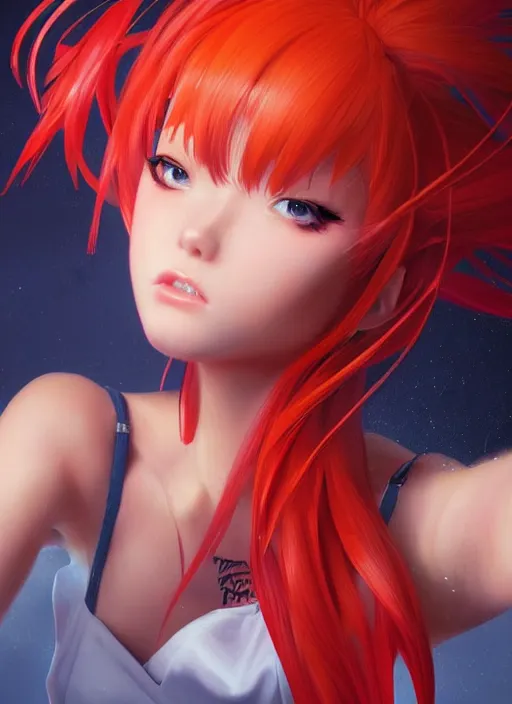 Image similar to a studio photograph of a beautiful Asuka Langley, portrait by Ross Tran and WLOP, trending on Instagram, trending on ArtStation, trending on pixiv, ultra detailed, octane render, CGsociety, HDR, 8k, 4k, wallpaper