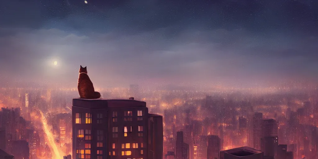 Image similar to A cat overlooking a city at night by Jessica Rossier and Alena Aenami