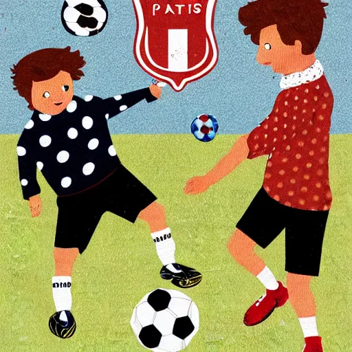 Image similar to illustration of french boy in paris playing football against a corgi who is wearing a polka dot scarf