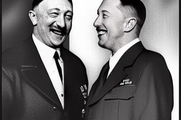 Image similar to “ very very intricate photorealistic photo of hitler and elon musk laughing together, detailed natural lighting, award - winning crisp details ”