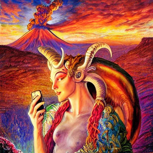 Prompt: painting by senior concept artist josephine wall, horned ram goddess checking her cell phone, erupting volcano and sunset in distance in background, flowers in foreground