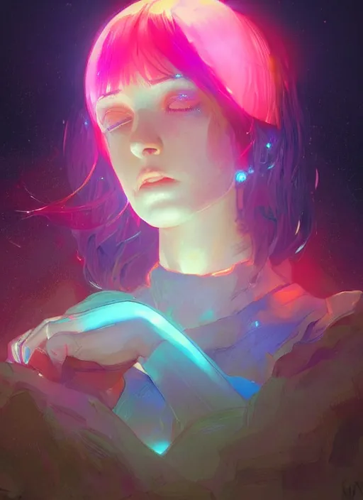 Prompt: a beautiful pensive woman, halo of planets, bright colors, highly detailed, concept art, matte, trending on artstation, anime, art by wlop and artgerm and greg rutkowski, ilya kuvshinov, strong strokes,