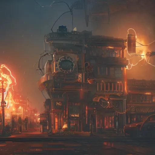 Prompt: a steampunk town, robot, fire, ash, electricity lightning, furry, soft, concept art, sharp focus, intricate details, highly detailed, photorealistic, disney pixar, octane render, iridescent, anime, 8 k