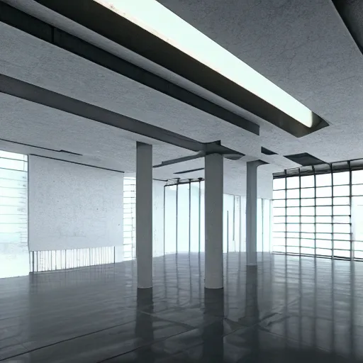 Prompt: brutalist building interior, hight ceilings, octane render, unreal engine, ray traced, cinematic, 8k