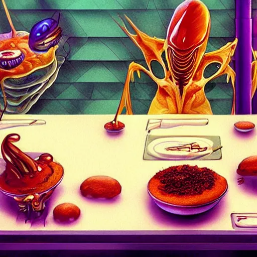 Prompt: alien foods at a cafeteria, digital art, felix Kelly, artstation, concept art, pulp sci-fi art