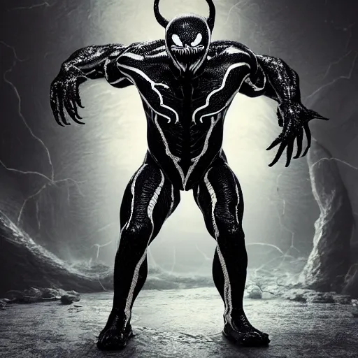 Image similar to full body pose, hyperrealistic photograph of venom, dim volumetric lighting, 8 k, octane beautifully detailed render, extremely hyper detailed, intricate, epic composition, cinematic lighting, masterpiece, trending on artstation, very very detailed, stunning, hdr, smooth, sharp focus, high resolution, award, winning photo, dslr, 5 0 mm