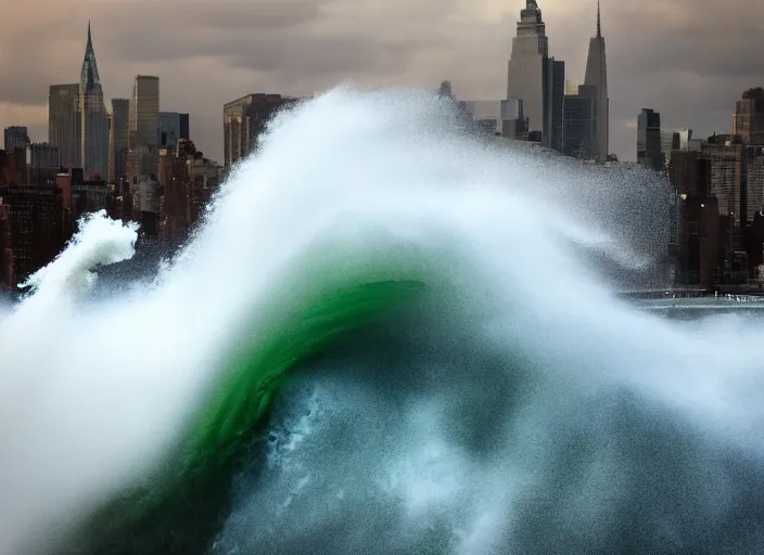 Prompt: Color photograph of a large wave crashing into the Manhattan skyline, doomsday, epic lighting