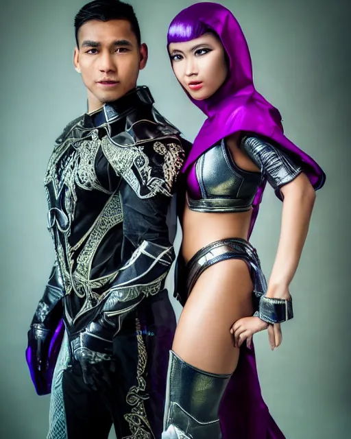 Image similar to photoshoot of a beautiful indonesian woman and handsome incredibly muscular indonesian man, both have short hair and elf ears and both wear a purple futuristic armored superhero costume, photorealistic