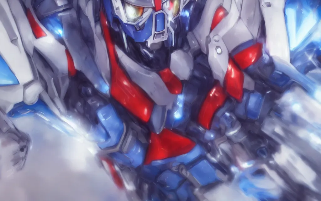 Image similar to A realistic anime portrait of a man in a Gundam suit with glowing blue eyes, digital painting, by Stanley Artgerm Lau, Sakimichan, WLOP and Rossdraws, digtial painting, trending on ArtStation, SFW version