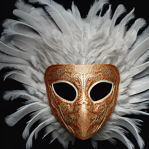 Image similar to an elaborate intricate mask made of feathers surrounded by storm clouds, rendered in octane, behance hd, bokeh backdrop