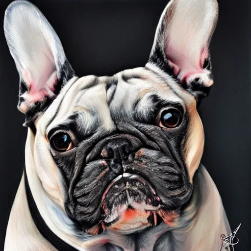 Prompt: portrait painting of hoodied french bulldog by Sandra Chevrier, beautiful, hyperdetailed, trending on Artstation