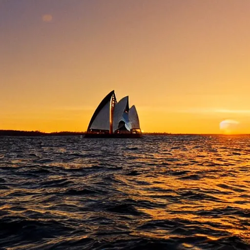 Image similar to the sydney operah house as a giant sailboat in the ocean with a beautiful sunset