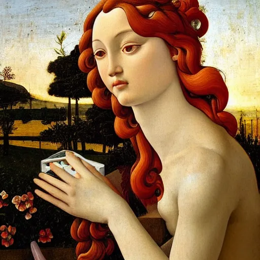 Prompt: sunrise on the balcony. a tired young woman with messy hairstyle is typing on her laptop. sunlight is beautifully lighting the face. depth of field, in the sun, backlit, closeup, oil on canvas, art by botticelli 1 4 9 9, in the style of the birth of venus, smooth, renaissance, florentine painting, 8 k