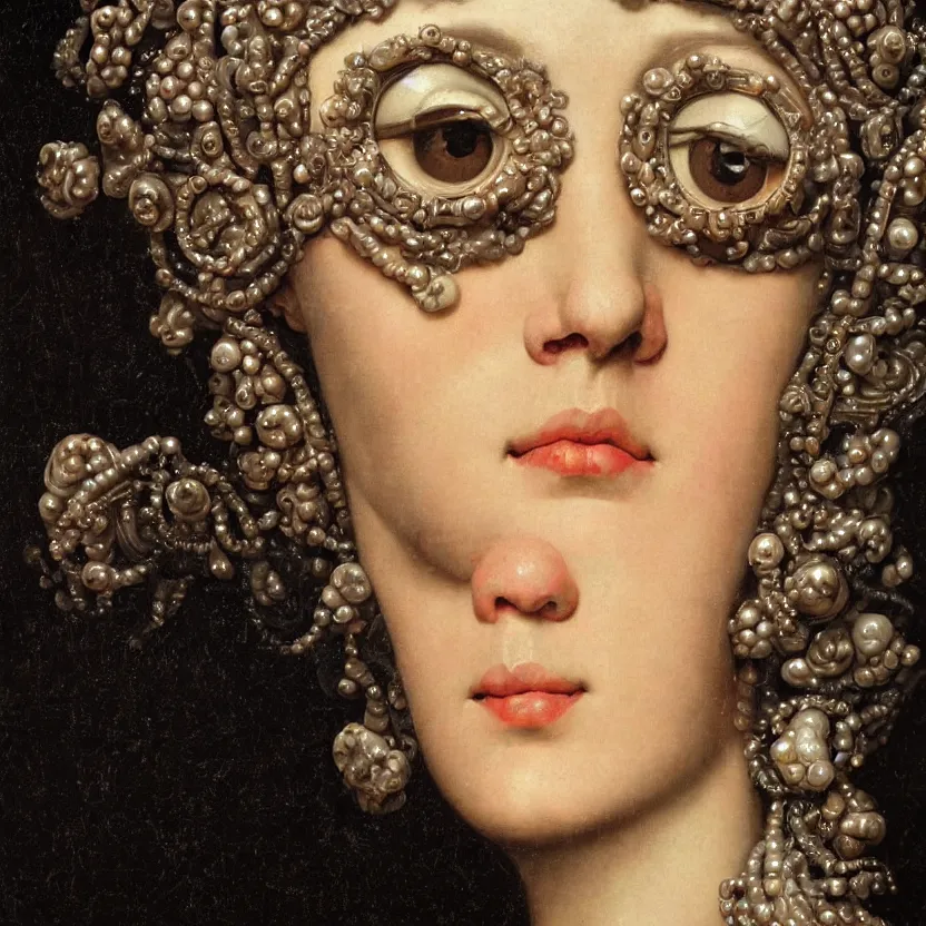 Prompt: a baroque neoclassicist renaissance close - up portrait of an ornately decorated woman made of porcelain china with googly eyes. reflective detailed textures. gloomy black background. highly detailed fantasy science fiction painting by moebius, norman rockwell, frank frazetta, and syd mead. rich colors, high contrast. artstation