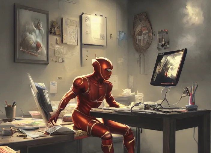 Image similar to an insanely detailed and realistic painting of an asian man wearing a homemade superhero costume, sitting at a desk, staring seriously at the computer and typing, in the style of peter mohrbacher, james jean, artgerm, dramatic lighting and composition, surreal background, octane render, pixar, trending on artstation, concept art, comic book, 8 k