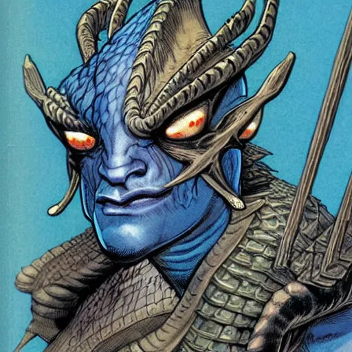 Image similar to head and shoulders portrait of a medieval d & d fantasy anthropomorphic blue dragon - headed - human hybrid with electrcity magic, comic book cover art photo by phil noto, frank miller, hr giger, alex ross, glenn fabry