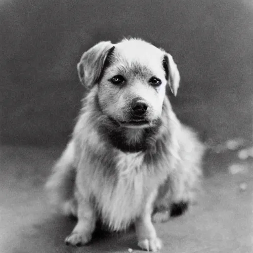 Prompt: little black dog, fluffy ears, 1 9 4 0 photo, vintage, cold war, picture, realistic, black and white, grain