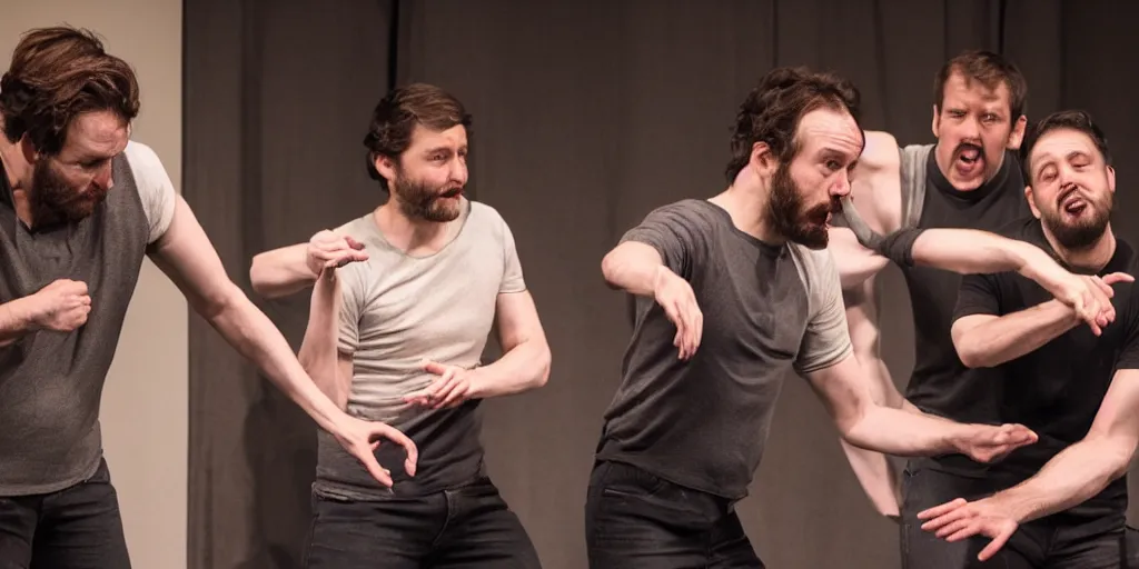 Prompt: a photo from a trio improv show where the three performers are incredibly handsome, hyper realistic, ultra detailed, 8 k, sharp focus, ultra detailed, by leesha hannigan, ross tran, thierry doizon, kai carpenter, ignacio fernandez rios