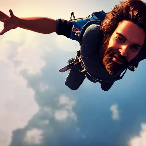 Prompt: portrait of jesus skydiving, realistic artstyle, wide shot, dramatic lighting, octane render, hyperrealistic, high quality, highly detailed, HD, beautiful, cinematic, 8k, unreal engine, facial accuracy, anatomical accuracy, symmetrical