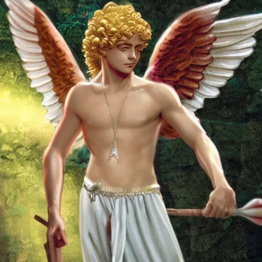 Image similar to Cupid, the angelic god of love, as a young mocking mafia member