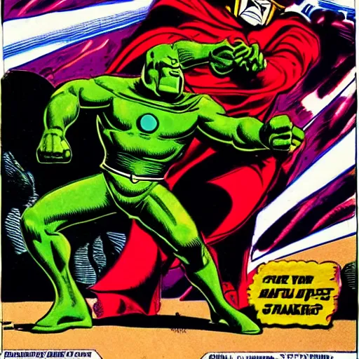 Image similar to doctor doom fighting off darkseid, art by jack kirby, steranko, ditko