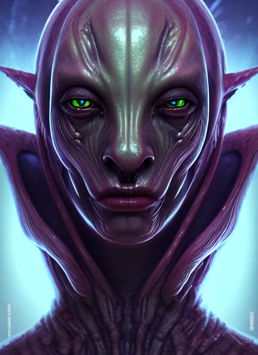 Image similar to portrait of a space alien, varying detailed skin, octane render, piercing glowing eyes, realistic render, ffxi, rpg, detailed, ugly, slimy unreal engine, symmetrical!!, art by artgerm, rossdraws, art by karol bak, makeup, cinematic, concept art, filmic, vsco