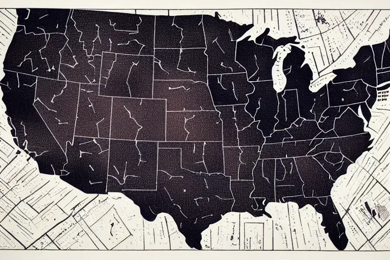 Image similar to map of united states torn in two burning,linocut, moody, Karolis Strautniekas, Mads Berg, stippled light, dramatic lighting,editorial illustration, detailed,fine texture, matte print,dynamic composition,dark blue+dark red+dark +beige+white+black