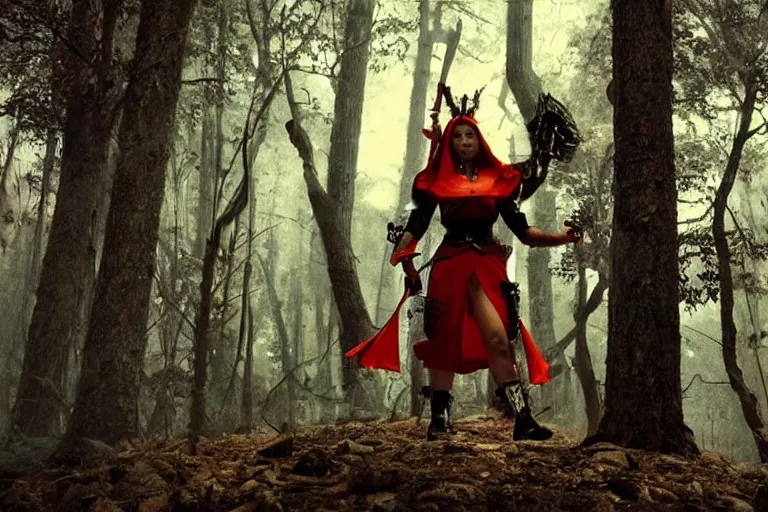 Image similar to vfx movie scene closeup nomad cyborg warrior viking geisha in a smoldering forest. by emmanuel lubezki