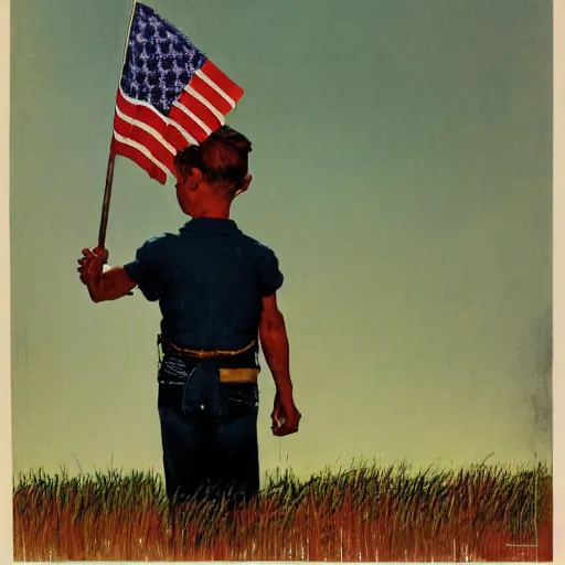 Image similar to illustration of a little country boy waving the american flag, by norman rockwell