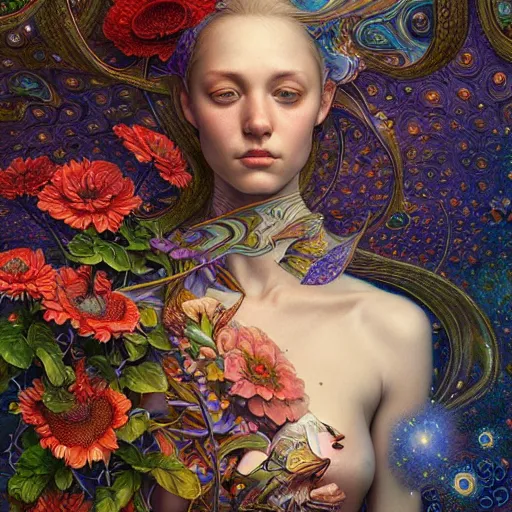 Prompt: hyper detailed masterpiece, floral pattern, jean giraud, digital art painting, matte painting, beautiful, psychedelic, artgerm, donato giancola, tom bagshaw