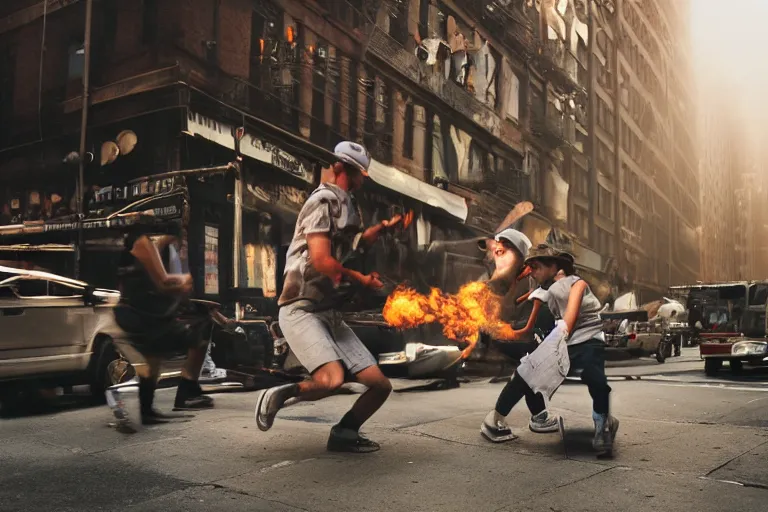 Image similar to closeup potrait of a pokemon battle in a smoky new york back street, natural light, sharp, detailed face, magazine, press, photo, Steve McCurry, David Lazar, Canon, Nikon, focus