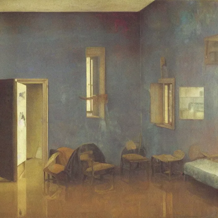 Image similar to interior of a flooded old house full of furniture. aurora borealis. iridescent, psychedelic colors. painting by hammershoi, balthus, mark rothko, vermeer, utamaro, monet