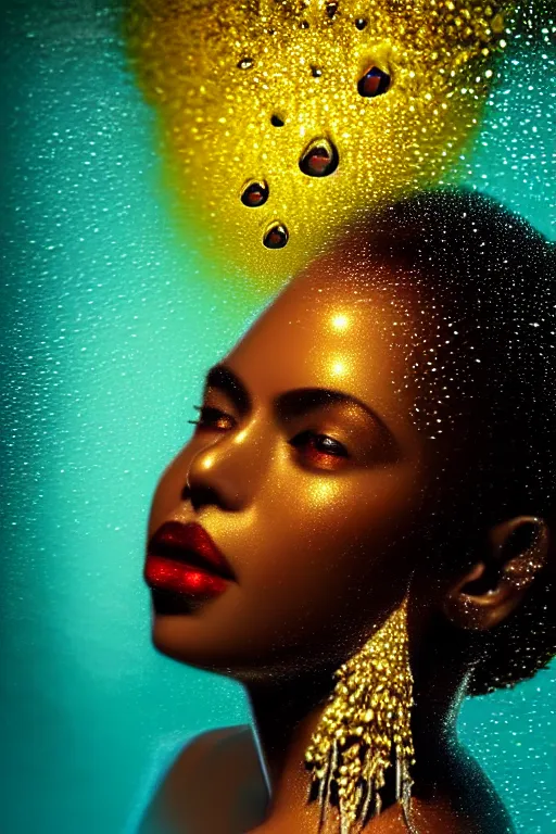 Image similar to hyperrealistic post - romantic cinematic very expressive! black oshun goddess, in water up to her shoulders, mirror dripping droplet!, gold flowers, highly detailed face, digital art masterpiece, smooth eric zener cam de leon chiaroscuro pearlescent teal light, tilt angle uhd 8 k, sharp focus