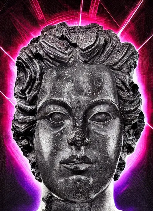 Image similar to dark design poster showing a close up of a statue of the god zeus, black background with very subtle red and purple design elements, powerful, nekro, vito acconci, thin straight lines, dark, glitch art, neo vaporwave, gritty, layout frame, square, trending on artstation