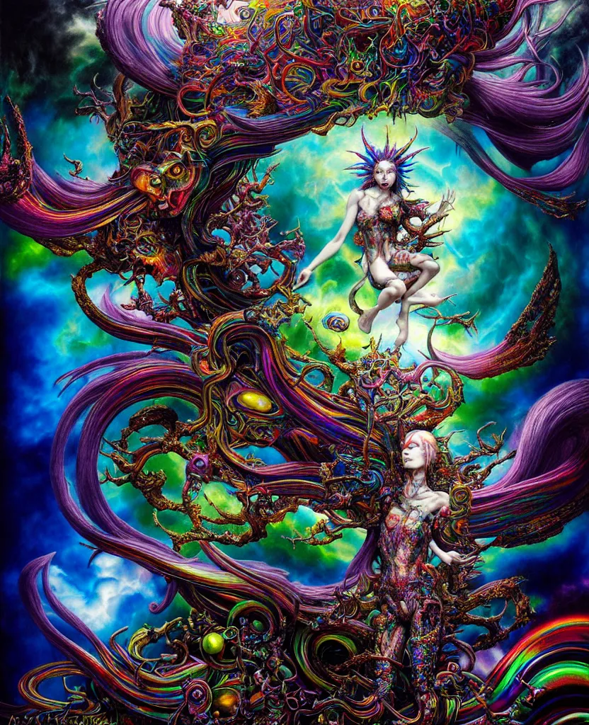 Image similar to realistic detailed image of rainbow iridescent mega god of chaos, depth perception, depth of field, action horror by lisa frank, ayami, karol bak, neo - gothic, gothic, rich deep colors, part by adrian ghenie and gerhard richter. art by yoshitaka amano. masterpiece