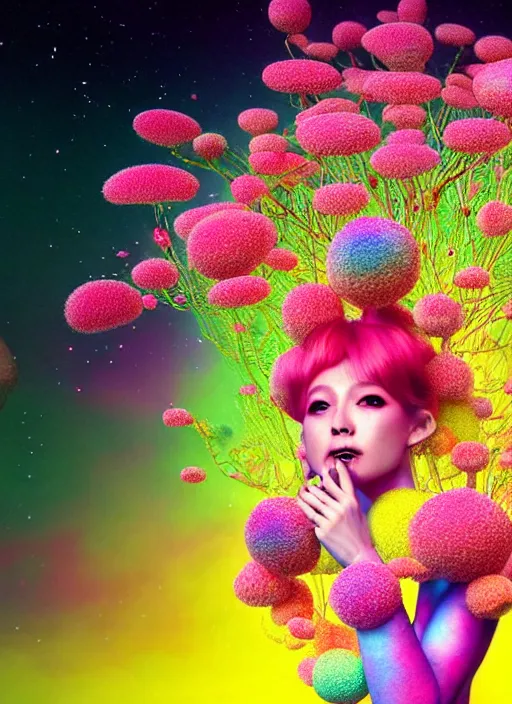 Image similar to hyper detailed 3d render like a Oil painting - kawaii Aurora (Singer) seen Eating of the Strangling network of colorful yellowcake and aerochrome and milky Fruit and Her delicate Hands hold of gossamer polyp blossoms bring iridescent fungal flowers whose spores black the foolish stars by Jacek Yerka, Mariusz Lewandowski, Houdini algorithmic generative render, Abstract brush strokes, Masterpiece, Edward Hopper and James Gilleard, Zdzislaw Beksinski, Mark Ryden, Wolfgang Lettl, hints of Yayoi Kasuma, octane render, 8k